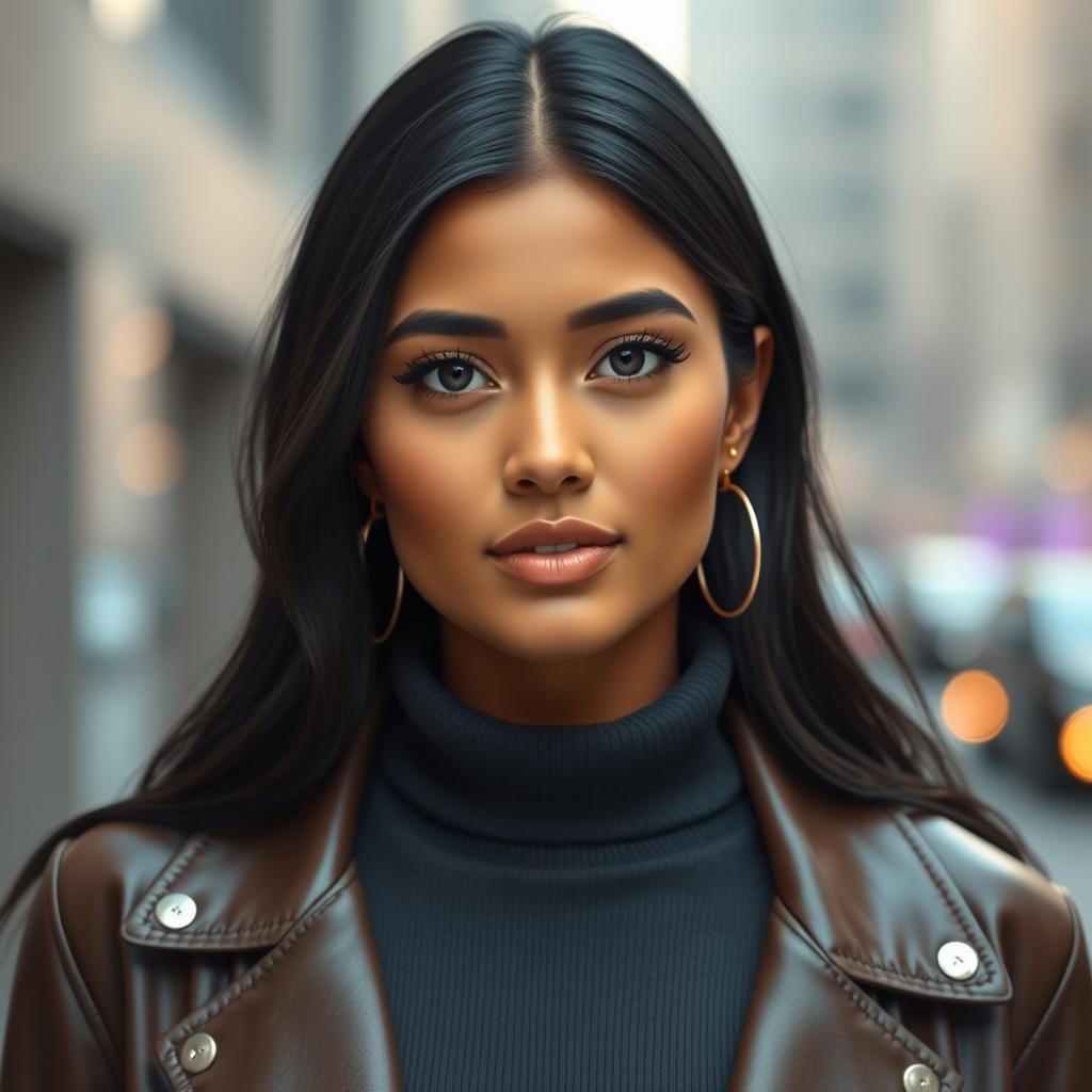 An ultra-realistic portrait of a 25-year-old Indian female influencer with a modern, chic aesthetic