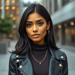 An ultra-realistic portrait of a 25-year-old Indian female influencer with a modern, chic aesthetic