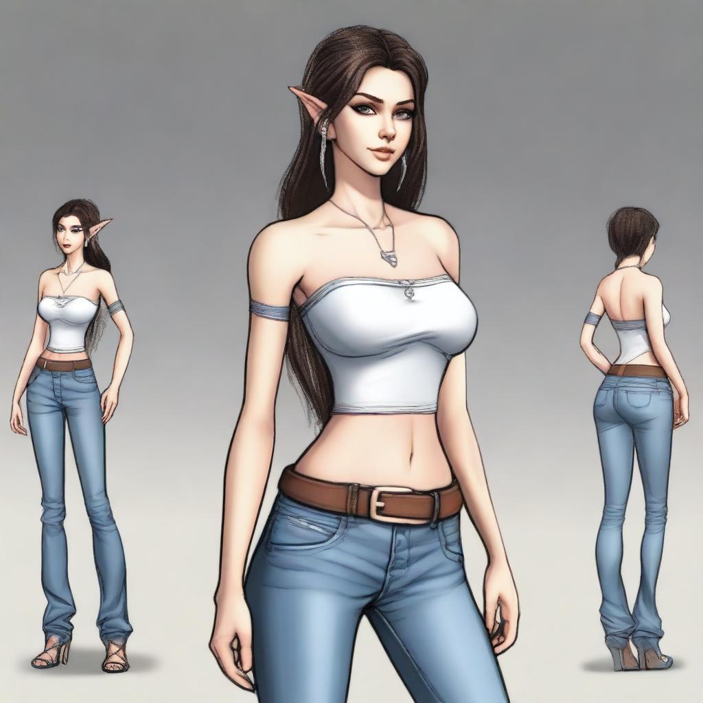 A female half-elf, showcasing her modern fashion sense in a fitted tube top and slender jeans