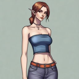 A female half-elf, showcasing her modern fashion sense in a fitted tube top and slender jeans