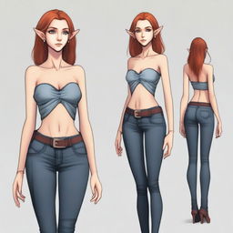 A female half-elf, showcasing her modern fashion sense in a fitted tube top and slender jeans