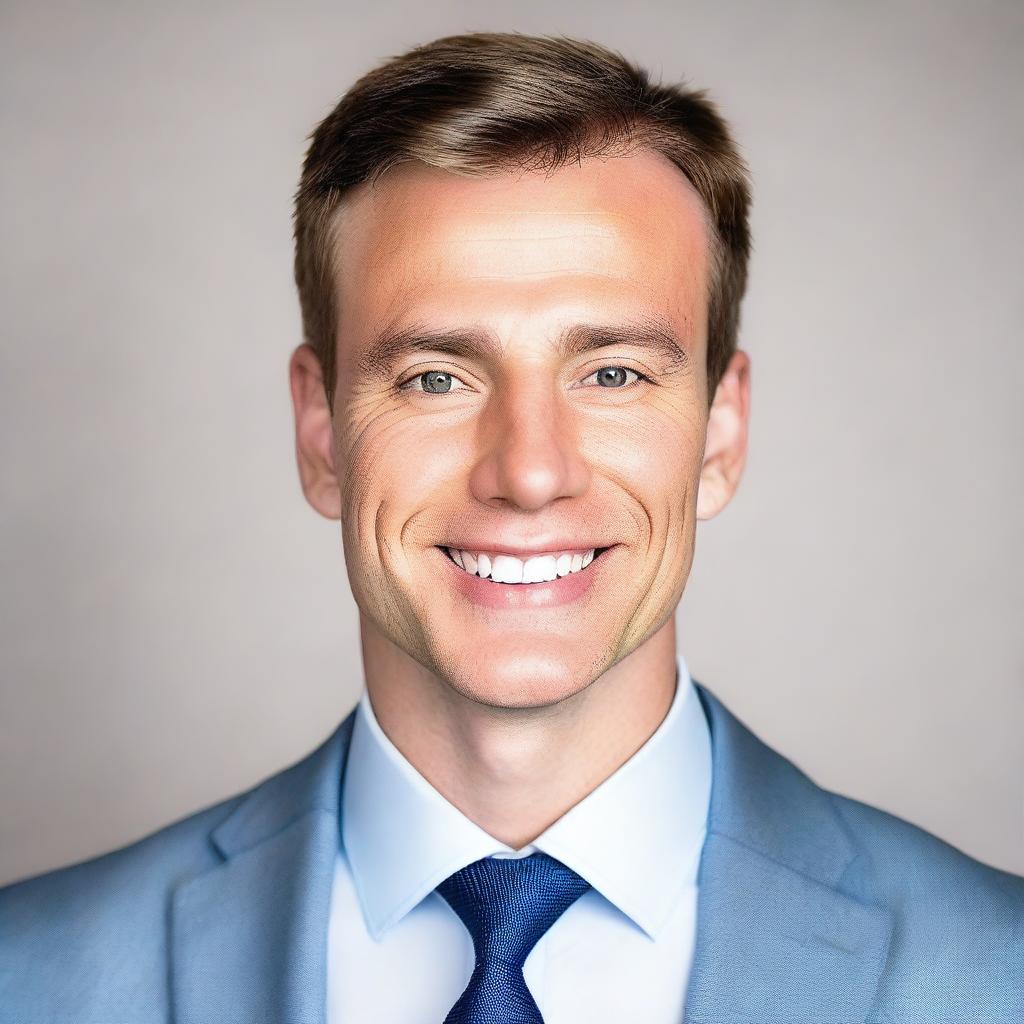 Generate an image of a professional headshot of a 30-year-old white male, dressed in a sleek business suit, with a confident and approachable expression