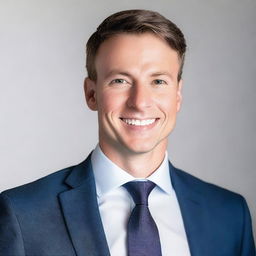 Generate an image of a professional headshot of a 30-year-old white male, dressed in a sleek business suit, with a confident and approachable expression