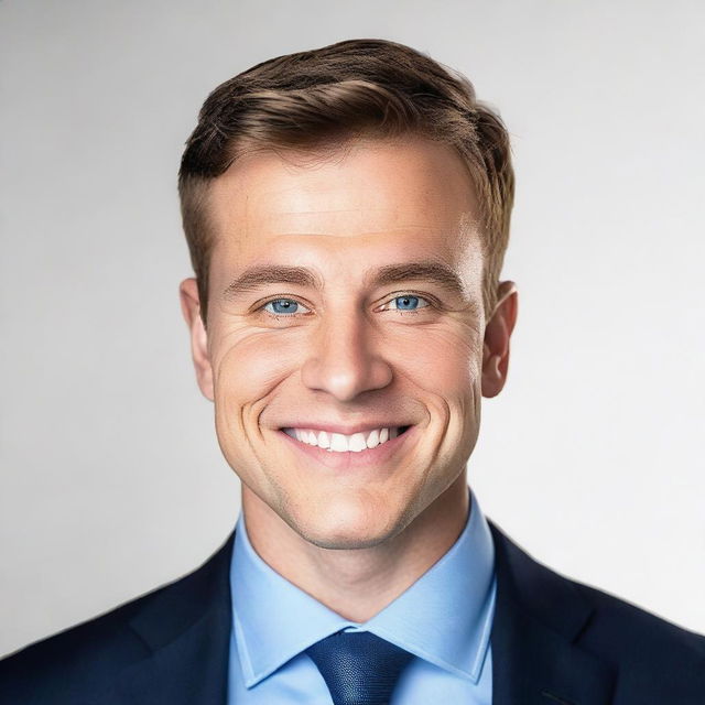 Generate an image of a professional headshot of a 30-year-old white male, dressed in a sleek business suit, with a confident and approachable expression