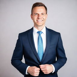 Generate an image of a professional headshot of a 30-year-old white male, dressed in a sleek business suit, with a confident and approachable expression