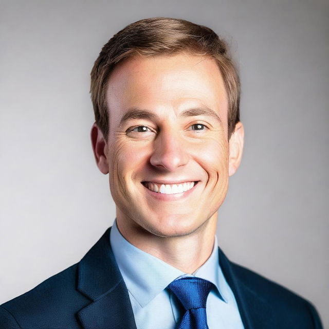 Generate an image of a professional headshot of an average-looking 30-year-old white male, dressed in business attire, with a genuinely friendly expression