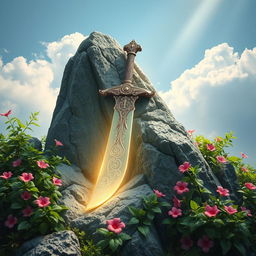 A mystical scene featuring a beautifully designed blade, symbolizing life and peace, embedded in a rugged rock