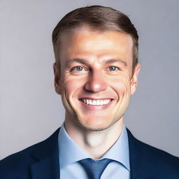 Generate an image of a professional headshot of an average-looking 30-year-old white male, dressed in business attire, with a genuinely friendly expression