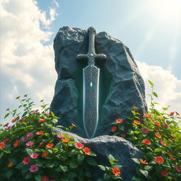 A mystical scene featuring a beautifully designed blade, symbolizing life and peace, embedded in a rugged rock