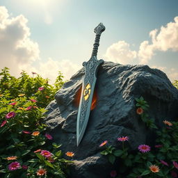 A mystical scene featuring a beautifully designed blade, symbolizing life and peace, embedded in a rugged rock