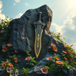 A mystical scene featuring a beautifully designed blade, symbolizing life and peace, embedded in a rugged rock