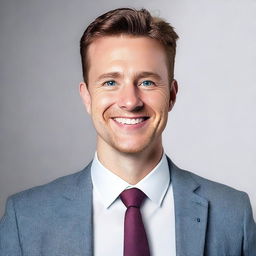 Generate an image of a professional headshot of an average-looking 30-year-old white male, dressed in business attire, with a genuinely friendly expression