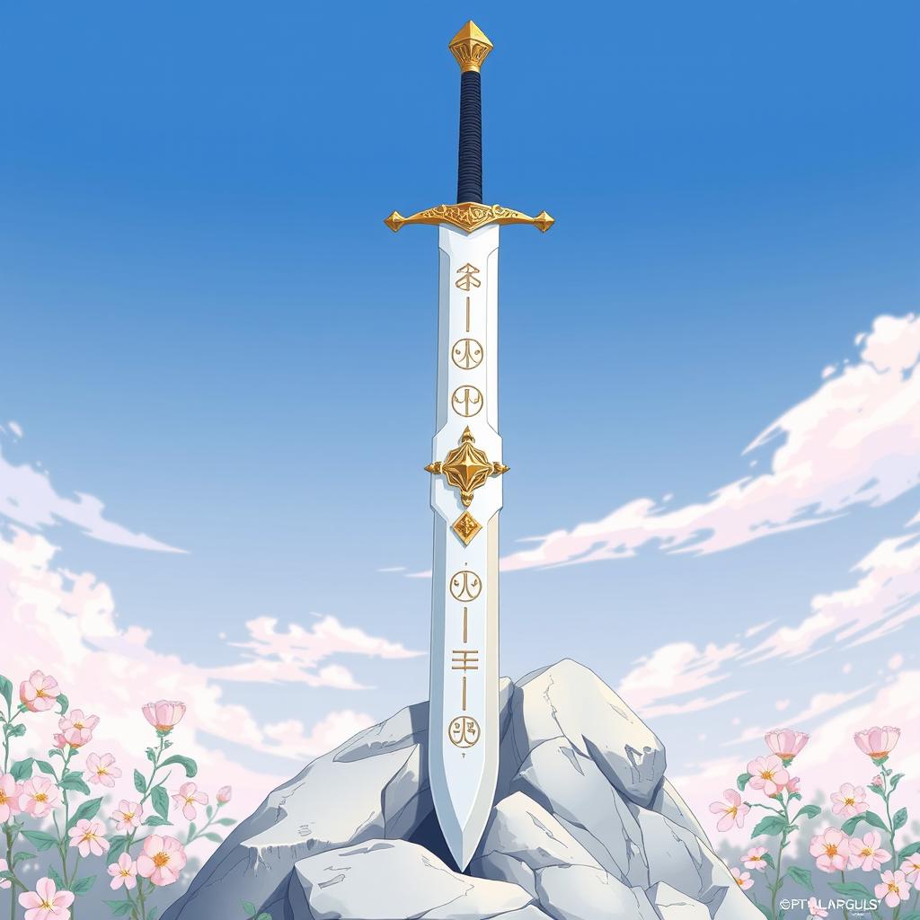 An anime-style illustration of a longsword with a pristine white blade and an ornate gold crossguard