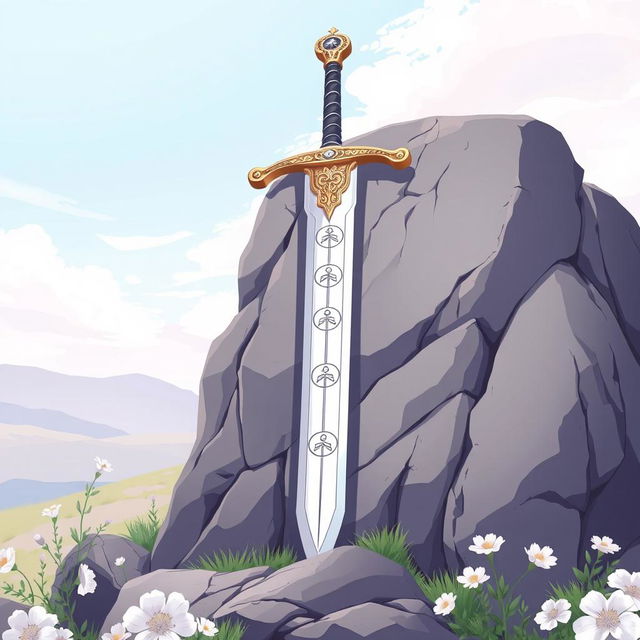 An anime-style illustration of a longsword with a pristine white blade and an ornate gold crossguard