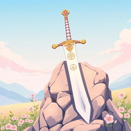 An anime-style illustration of a longsword with a pristine white blade and an ornate gold crossguard