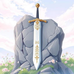 An anime-style illustration of a longsword with a pristine white blade and an ornate gold crossguard
