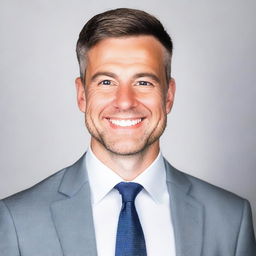 Generate an image of a professional headshot of an average-looking 30-year-old white male, dressed in business attire, with a genuinely friendly expression