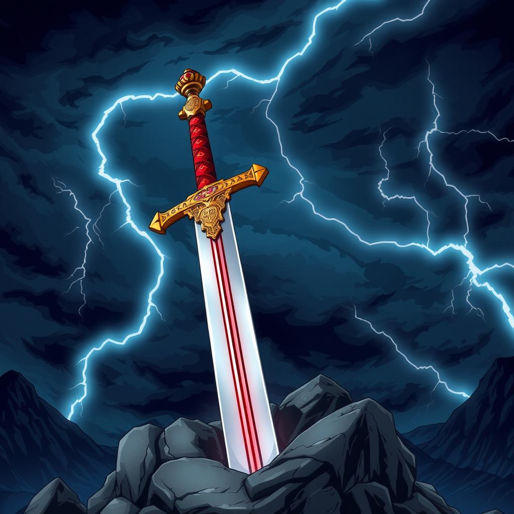 An anime-style illustration of a longsword featuring a striking red blade and an ornate gold crossguard