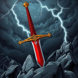 An anime-style illustration of a longsword featuring a striking red blade and an ornate gold crossguard
