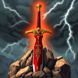 An anime-style illustration of a longsword featuring a striking red blade and an ornate gold crossguard