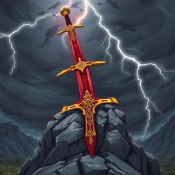 An anime-style illustration of a longsword featuring a striking red blade and an ornate gold crossguard