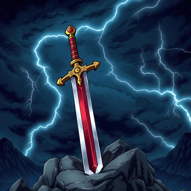 An anime-style illustration of a longsword with a vivid red blade and an ornate gold crossguard