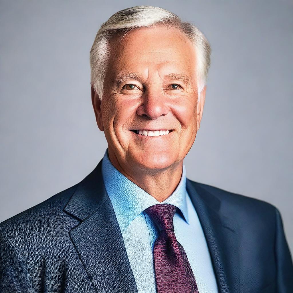 Generate an image of a professional headshot of a mature white male, dressed in business attire, exhibiting a confident and approachable demeanor