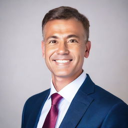 Generate an image of a professional headshot of a male with an engaging presence, dressed in a business solicitor's attire.