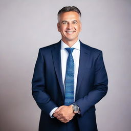 Generate an image of a professional headshot of a male with an engaging presence, dressed in a business solicitor's attire.