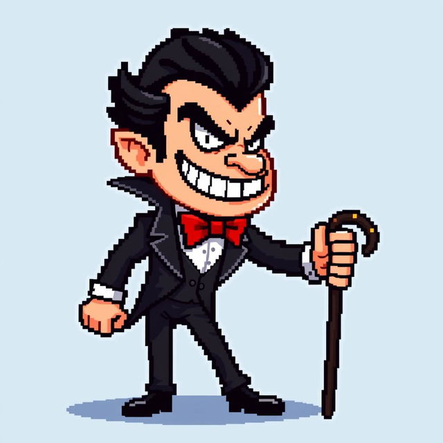 A pixel art character in a 16-bit style, featuring a suave, mischievous villain with improved facial structure