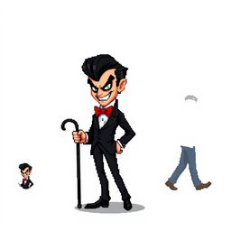 A pixel art character in a 16-bit style, featuring a suave, mischievous villain with improved facial structure