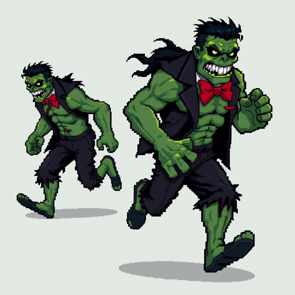 A pixel art character in a 16-bit style, depicting a zombie villain transformed by the Hulk serum