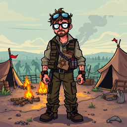 A 16-bit pixel art character design of a good guy guide in a zombie apocalypse setting, serving as an aid to the main character