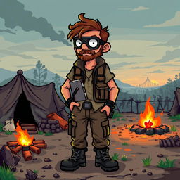 A 16-bit pixel art character design of a good guy guide in a zombie apocalypse setting, serving as an aid to the main character