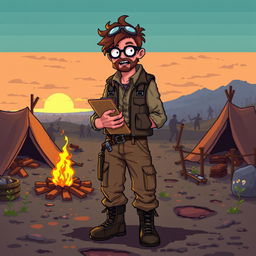 A 16-bit pixel art character design of a good guy guide in a zombie apocalypse setting, serving as an aid to the main character