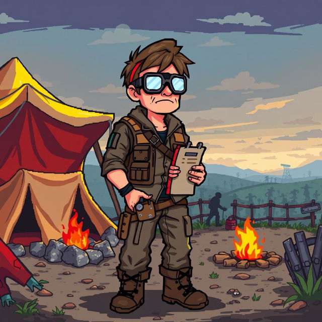 A 16-bit pixel art character design of a good guy guide in a zombie apocalypse setting, serving as an aid to the main character