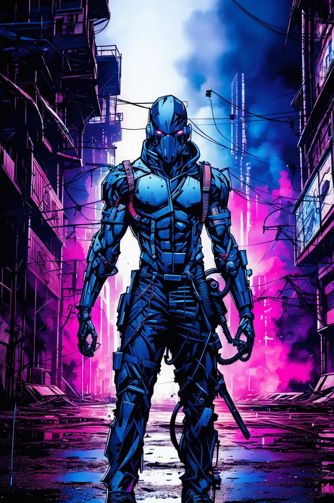 A techno-organic warrior in black armor wields nunchucks in a decrepit cityscape with broken neon lights and exposed wires.