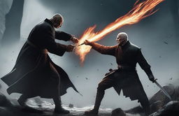 A dramatic scene depicting a fierce fight between Lord Voldemort, the sinister wizard from Harry Potter, and Geralt of Rivia, the skilled witcher with a sword in one hand and a sign on the other