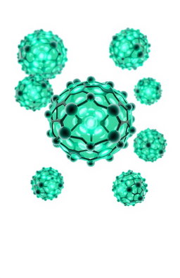 A visually striking illustration combining multiple spherical carbon nanoparticles that display a crystalline network structure