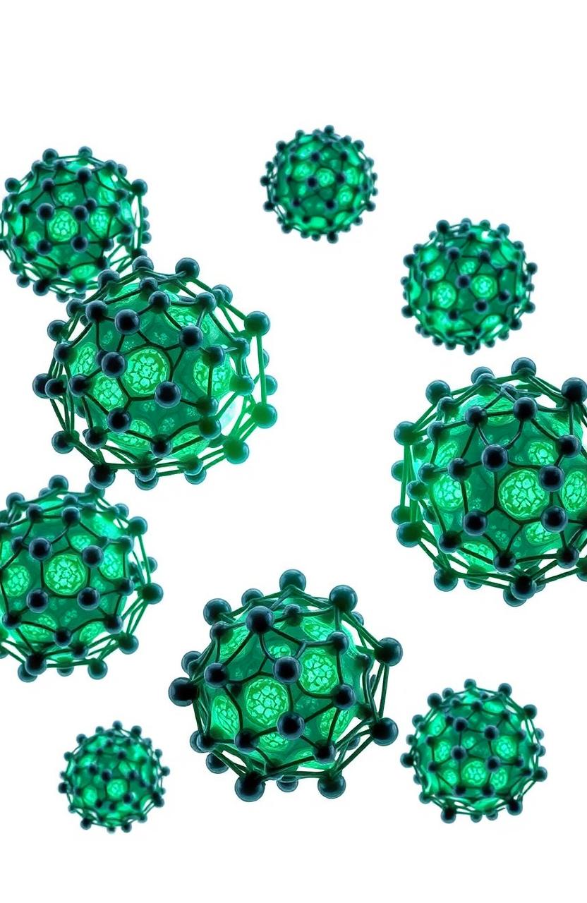 A visually striking illustration combining multiple spherical carbon nanoparticles that display a crystalline network structure