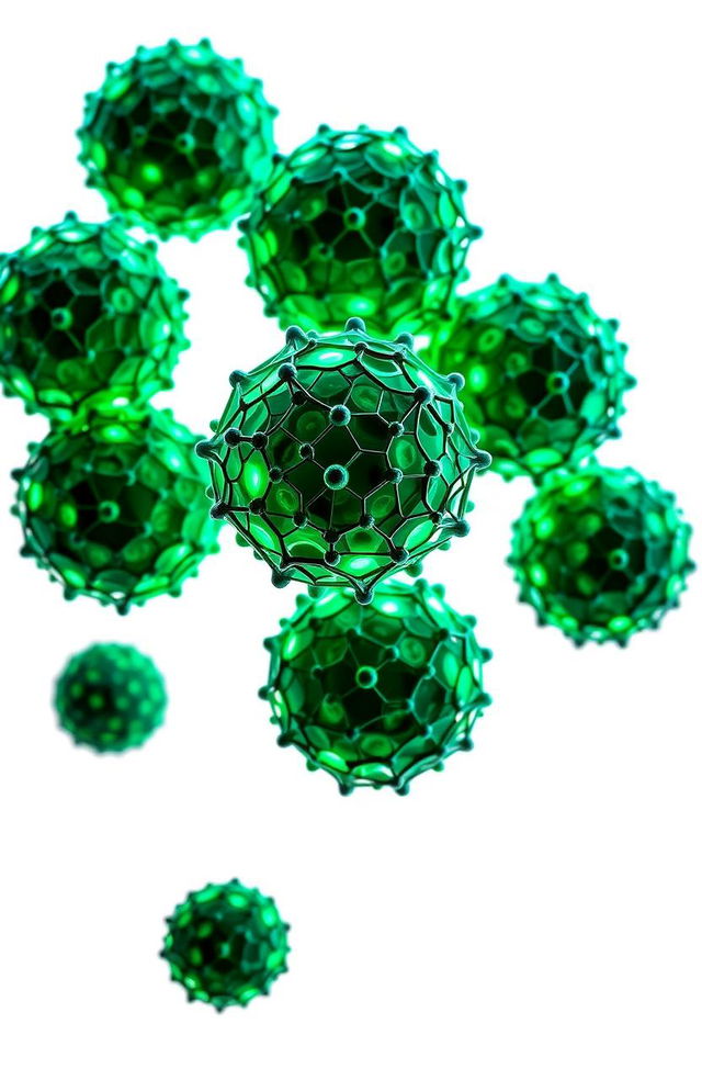 A visually striking illustration combining multiple spherical carbon nanoparticles that display a crystalline network structure