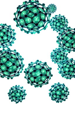 A visually striking illustration combining multiple spherical carbon nanoparticles that display a crystalline network structure