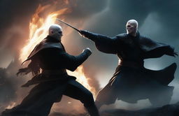 A dramatic scene depicting a fierce fight between Lord Voldemort, the sinister wizard from Harry Potter, and Geralt of Rivia, the skilled witcher with a sword in one hand and a sign on the other