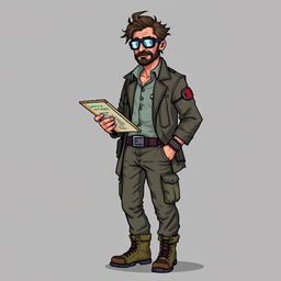 A 16-bit pixel art character design of a good guy guide set in a zombie apocalypse