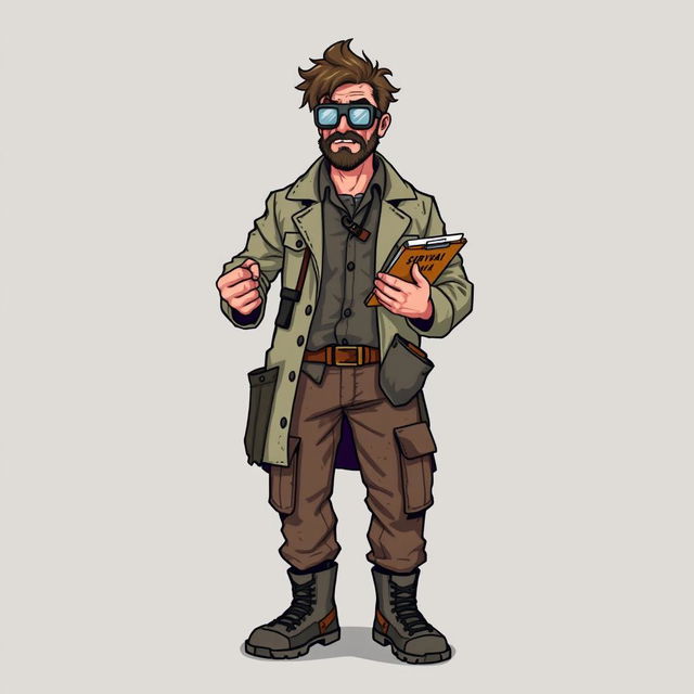 A 16-bit pixel art character design of a good guy guide set in a zombie apocalypse