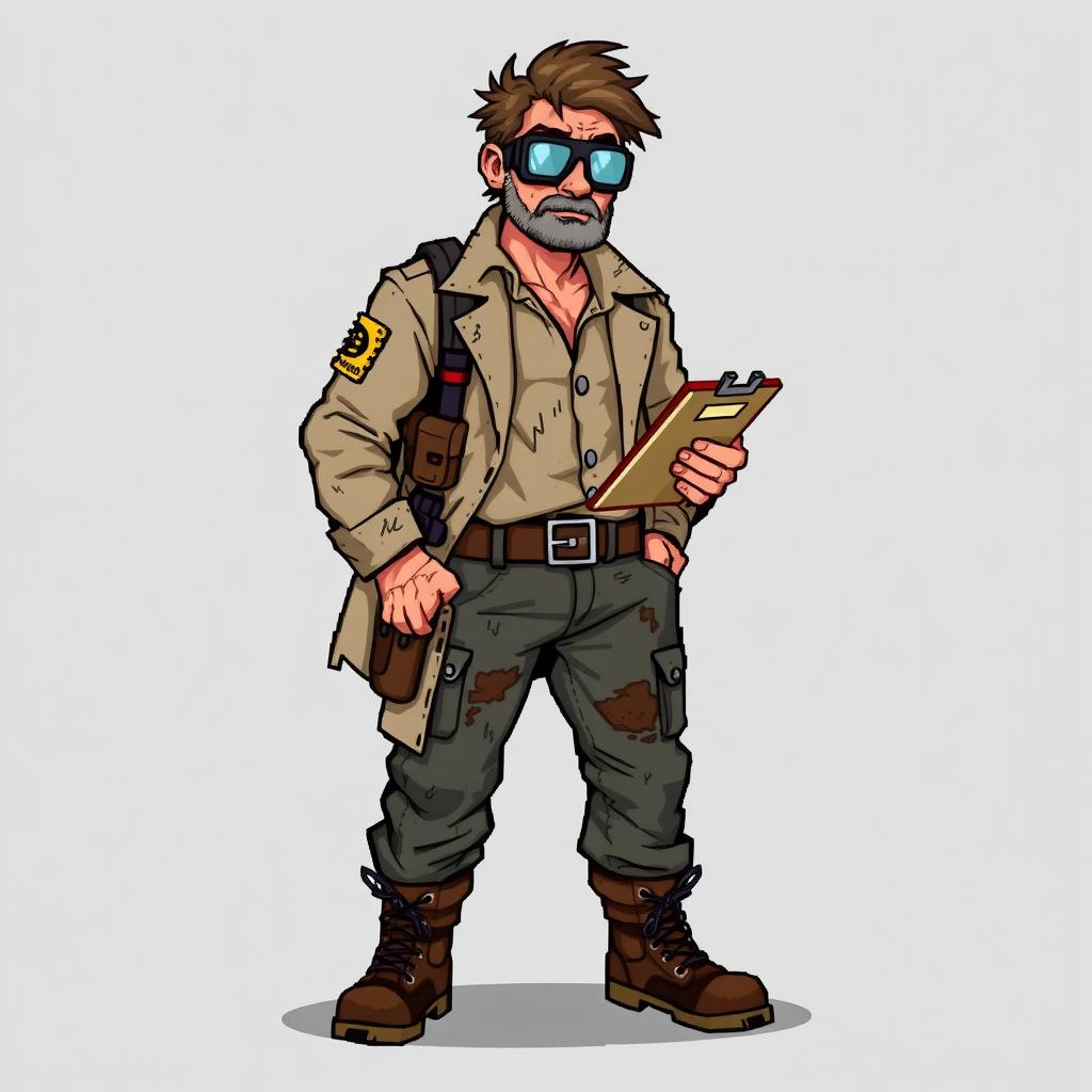 A 16-bit pixel art character design of a good guy guide set in a zombie apocalypse