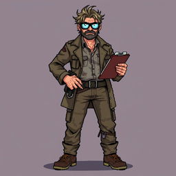 A 16-bit pixel art character design of a good guy guide set in a zombie apocalypse