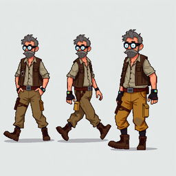 Series of frame-by-frame 16-bit pixel art character designs depicting a rugged, middle-aged scientist in a zombie apocalypse, designed to animate a walking motion
