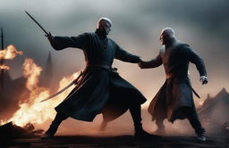 A dramatic scene depicting a fierce fight between Lord Voldemort, the sinister wizard from Harry Potter, and Geralt of Rivia, the skilled witcher with a sword in one hand and a sign on the other