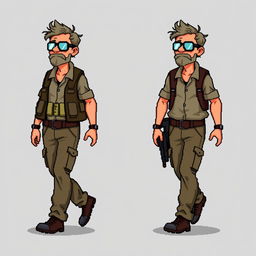 Series of frame-by-frame 16-bit pixel art character designs depicting a rugged, middle-aged scientist in a zombie apocalypse, designed to animate a walking motion